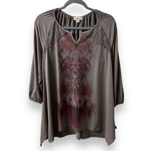 Emerald Size M Blouse Tunic Flowy Art Paisley Rhinestone Bling Lace Shirt Top